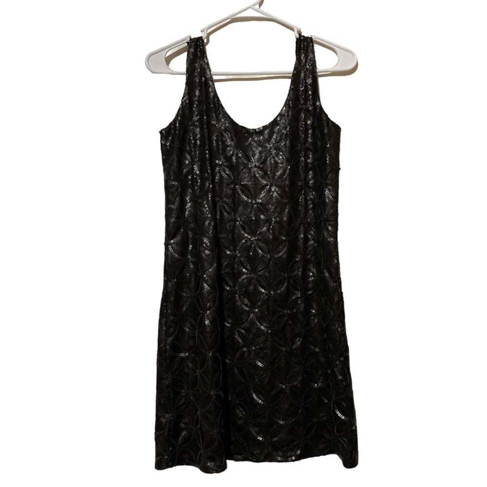 Quinn Women All Over Sequin Shift Dress Black Lined Mini Scoop Neck Sleeveless S